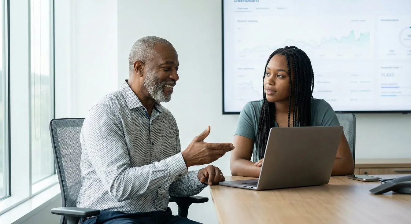 A senior mentor with a gray beard discussing data insights with a young woman over a laptop, with an analytics dashboard displayed on the screen behind them