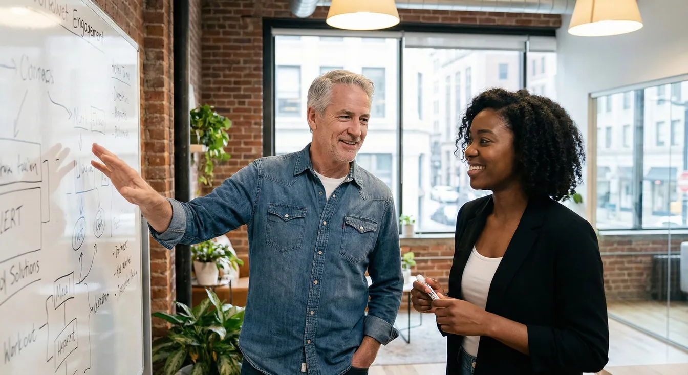 Two colleagues collaborating at a whiteboard with strategy diagrams in a brick-walled startup office