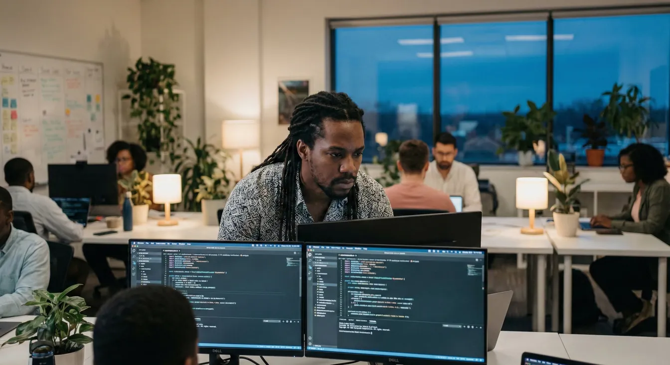 A developer with locs focused on code across dual monitors in a busy open-plan tech office with colleagues working in the background