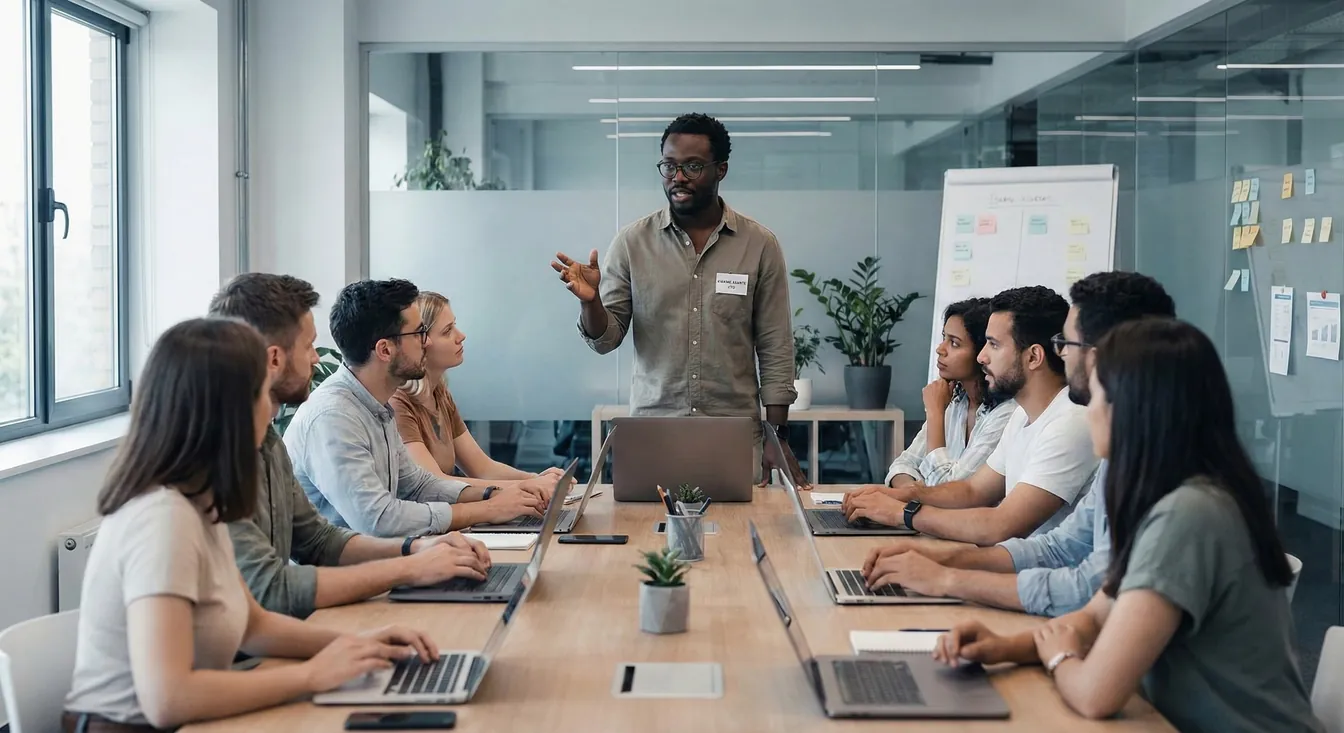 A team leader standing and leading a meeting, gesturing while speaking to colleagues seated around a conference table with laptops
