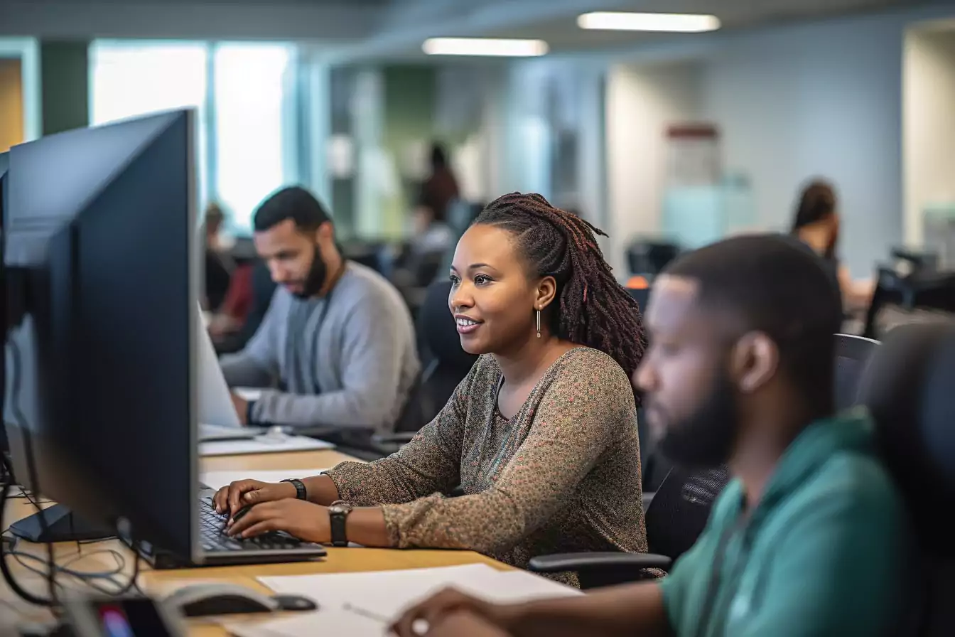 A Black woman with braided hair working on a desktop computer in a busy office environment, with multiple colleagues also working on computers in the background.